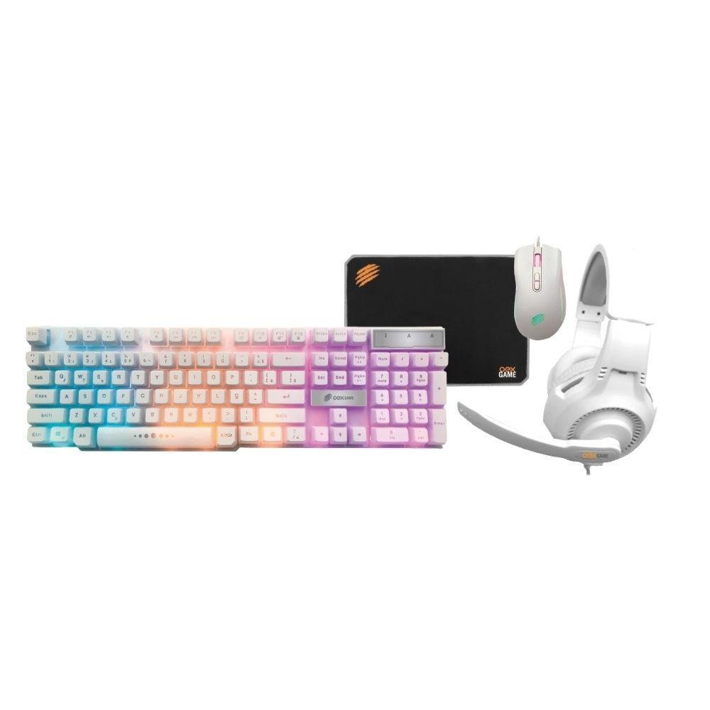 Kit Bluecase Gamer Play 4 em 1 Teclado Headset Mouse Mousepad Led Rainbow Branco - BGHPKM-01WBX